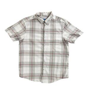 Columbia Shirt Mens Medium Gray Plaid Short Sleeve Button Up Casual Cotton Fish